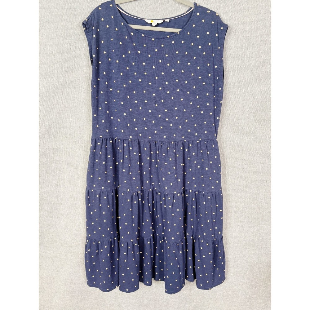 Boden Dress Womens 14 L Blue Gold Polka Dot Midi Sleeveless Tiered Rockabilly